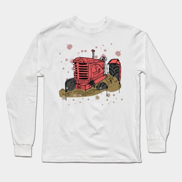 Abandoned red tractor watercolor sketch Long Sleeve T-Shirt by linespace-001